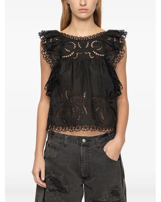 Sea Black Eyelet-Embroidered Ruffled Top