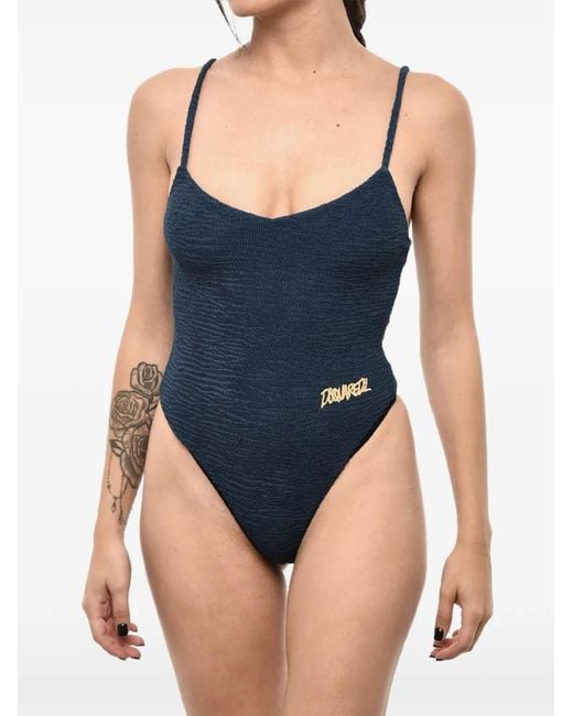 DSquared² Blue Logo-Embroidered Wave-Pattern Swimsuit