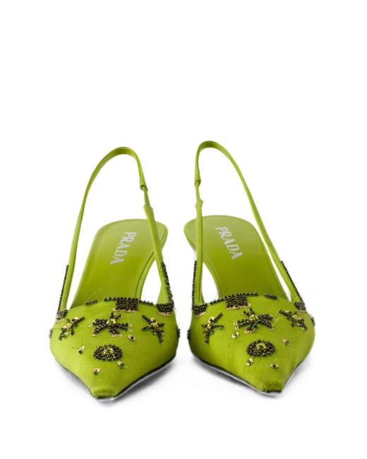 Prada Green Embroidered Satin Slingback Pumps