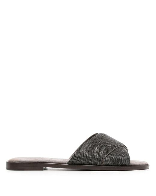 Brunello Cucinelli Gray Monili-Detail Crossover-Straps Slides