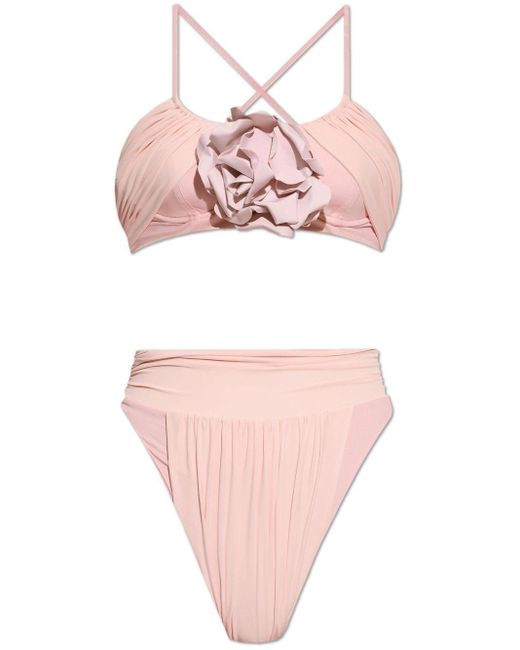 Balmain Pink Floral-appliqué Ruched Bikini Set