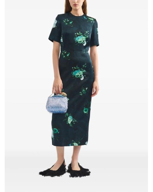 Erdem Blue Abstract Rose Print Short Sleeve Cocktail Dress