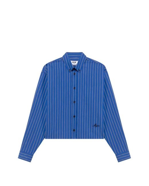 MSGM Blue Vertical-Stripe Cropped Shirt for men