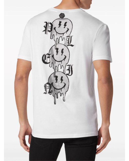 Philipp Plein White Rhinestone-logo Cotton T-shirt for men
