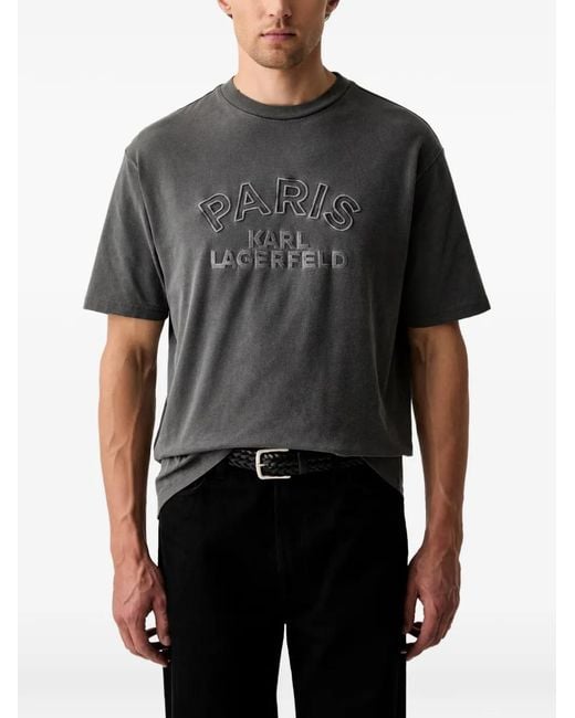 Karl Lagerfeld Black Logo-Embroidered Acid-Wash T-Shirt for men