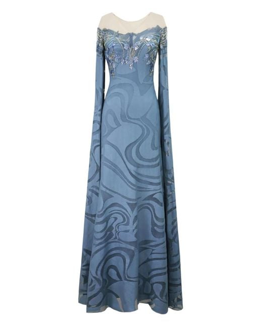 Gemy Maalouf Blue Cape-Sleeve Floor-Length Gown