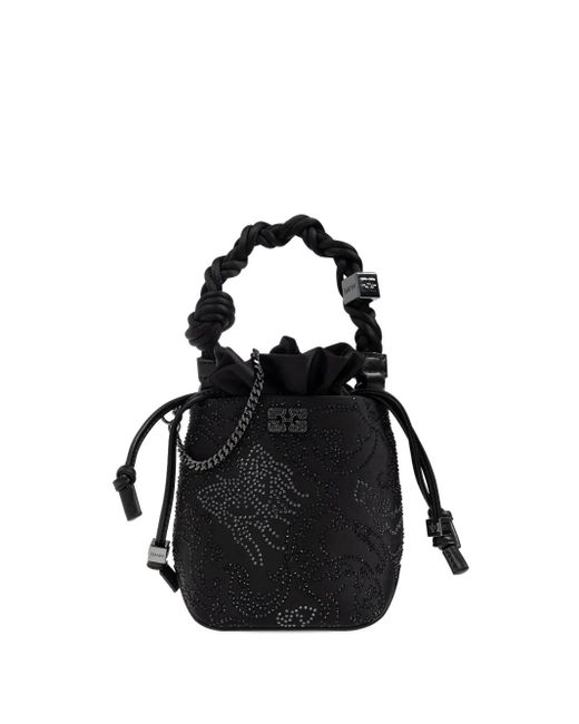 Ganni Black Bou Braided-Handle Crystal-Embellished Bucket Bag