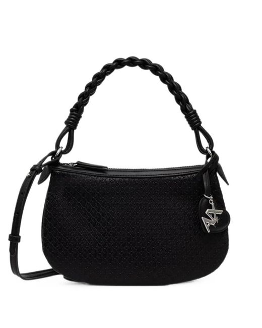 ARMANI EXCHANGE Black Mini Monogram-Embossed Braided-Handle Shoulder Bag