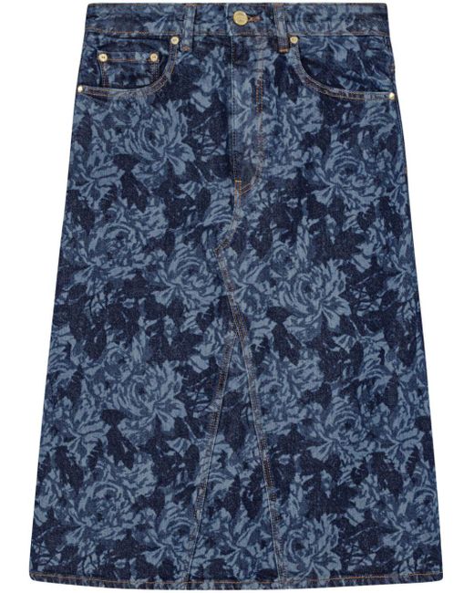 Ganni Blue Floral-print Denim Skirt