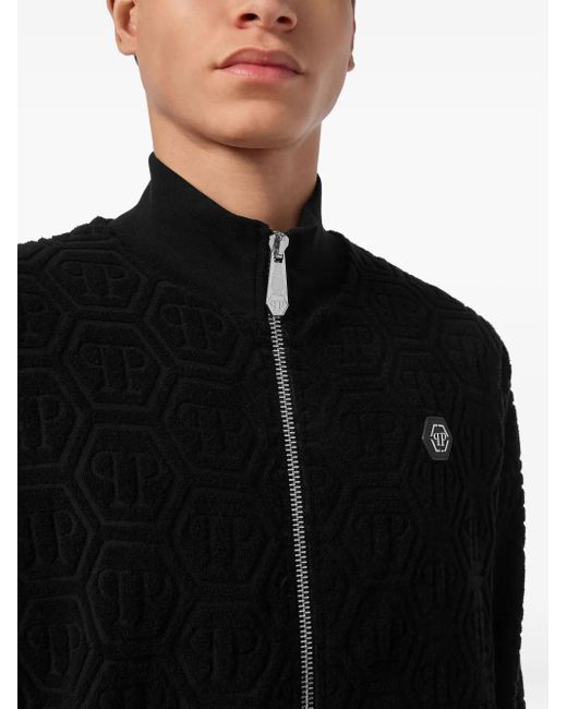 Philipp Plein Black Embossed Monogram Zip-Up Jacket for men