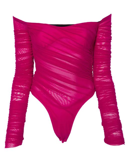 Mugler Pink Off-Shoulder Ruched Bodysuit