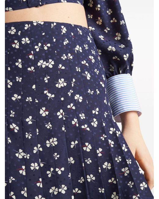 Prada Blue Floral-jacquard Pleated Mini Skirt