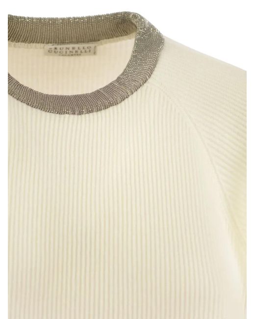 Brunello Cucinelli Natural Ribbed Cashmere Sweater With Necklace