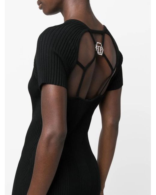 Philipp Plein Black Logo-Plaque Ribbed T-Shirt Dress