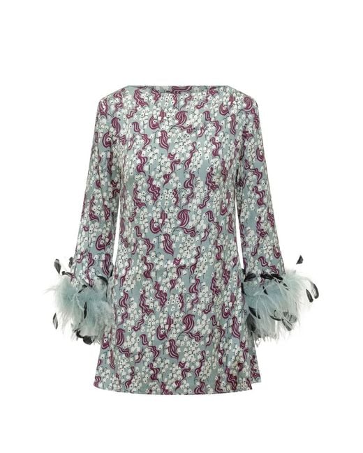 Des Phemmes White Feather-Trim Printed Mini Dress