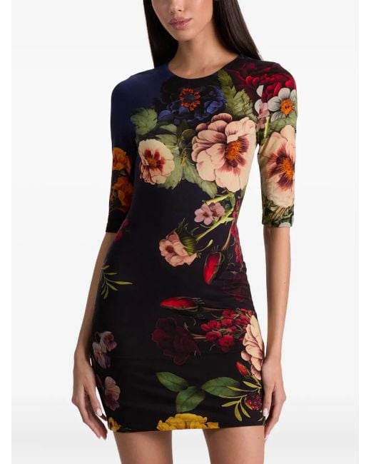 Alice + Olivia Delora Mini-Jurk Met Bloemenprint En Ronde Hals in het Black