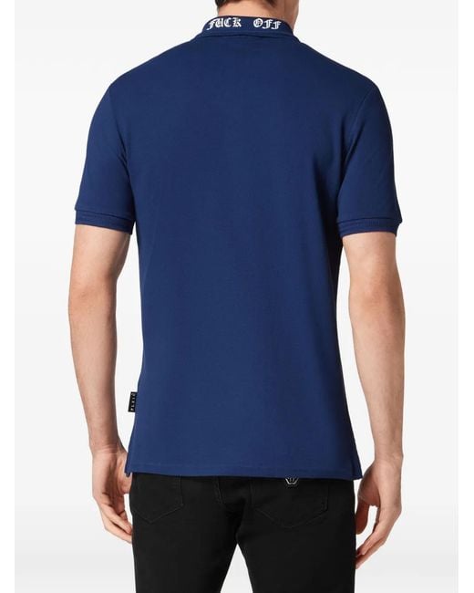 Philipp Plein Blue Skull-Motif Embroidered Polo Shirt for men