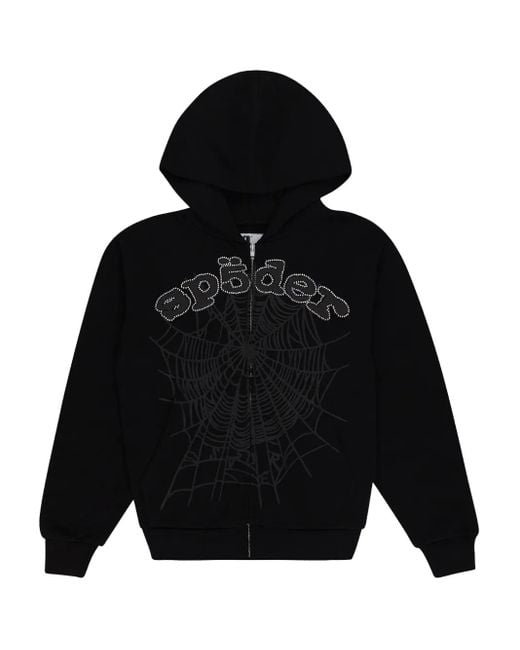 Sp5der Black Og Web V2 Rhinestone Zip-Up Hoodie for men