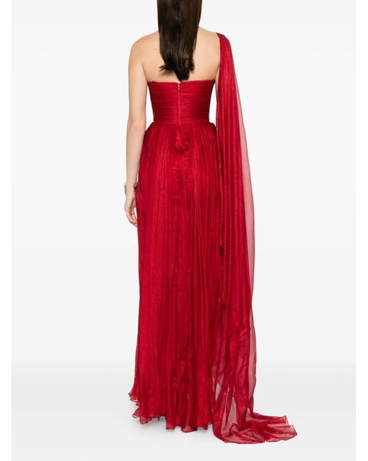 IRIS SERBAN Red Clarice Asymmetric-Sleeve Draped Maxi Dress
