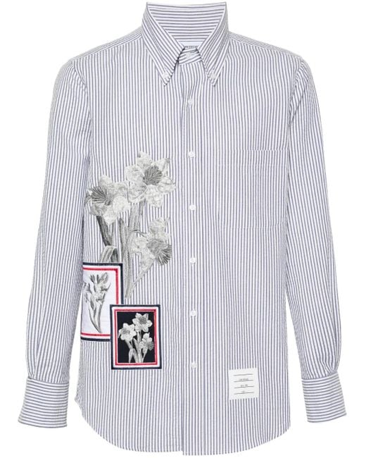 Thom Browne White Floral-Embroidered Striped Shirt for men