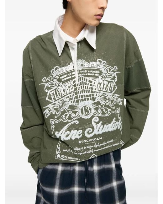 Acne Green Poloshirt Mit Grafischem Print