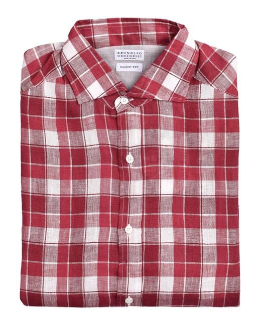 Brunello Cucinelli Red Checked Cotton Shirt for men