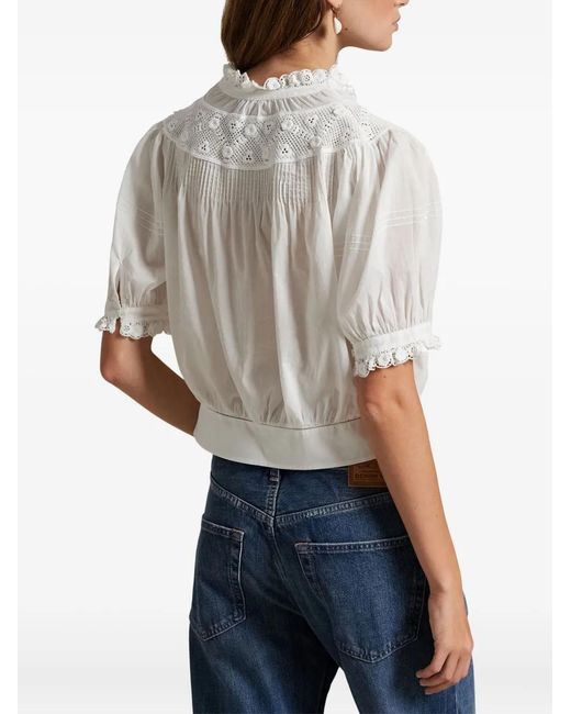 Polo Ralph Lauren White Gathered Puff-Sleeve Blouse