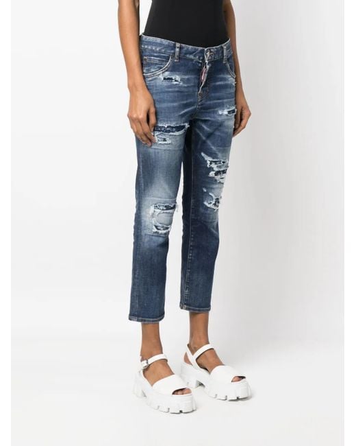 DSquared² Blue Distressed Logo-Patch Cropped Jeans