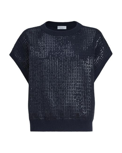 Brunello Cucinelli Blue Dazzling Check-Pattern Top