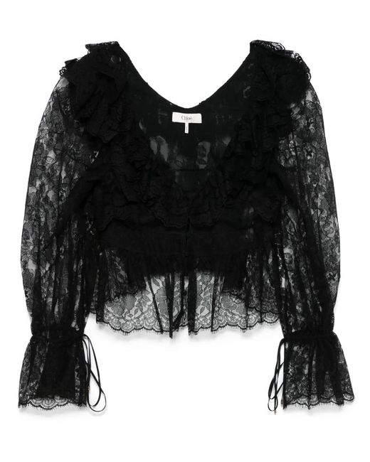 Chloé Black V-Neck Lace Crop Top