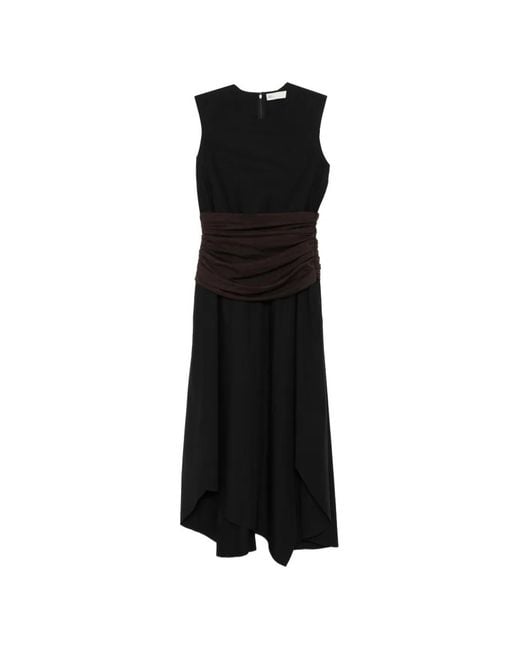 Tory Burch Black Ruched-Detail Sleeveless Midi Dress