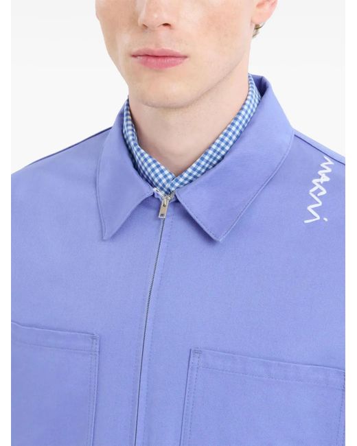 Marni Blue Logo-Embroidered Cotton Shirt Jacket for men