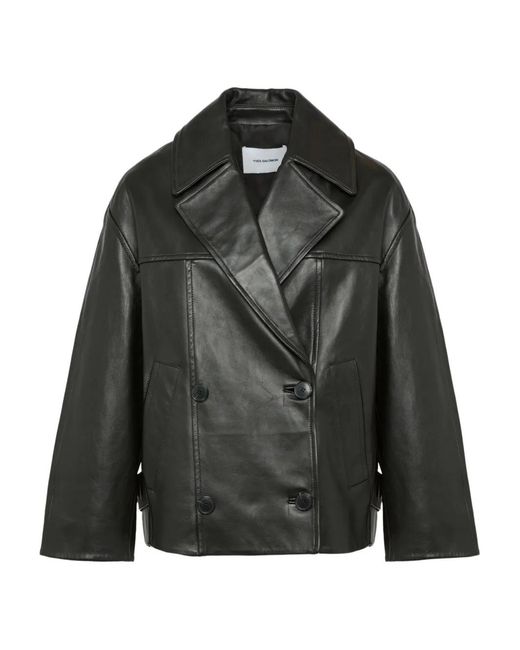Yves Salomon Black Double-Breasted Leather Jacket