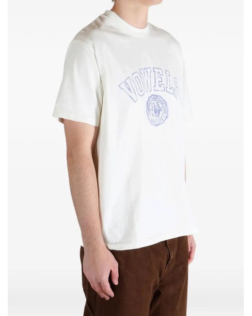 vowels White Collegiate Logo-Print Distressed T-Shirt for men