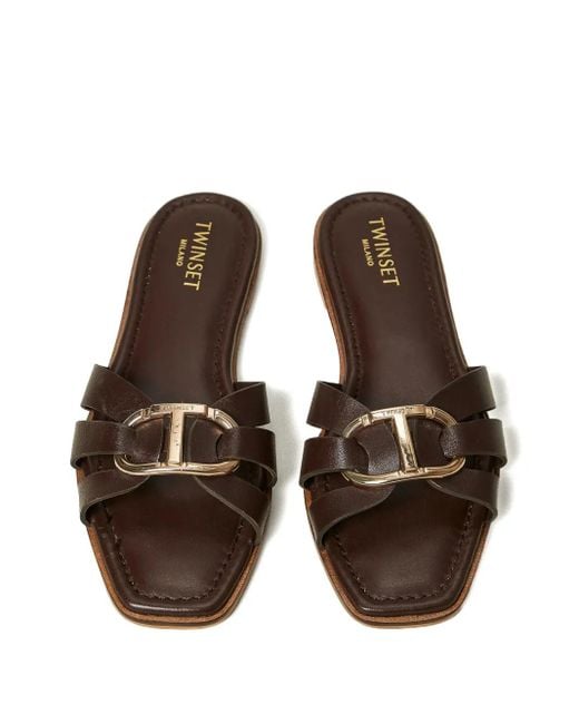 Twinset Brown Logo-Buckle Slides