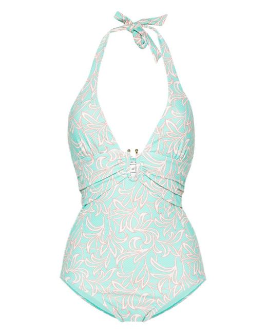 Heidi Klein Blue Prickly Pear-print Halterneck Swimsuit