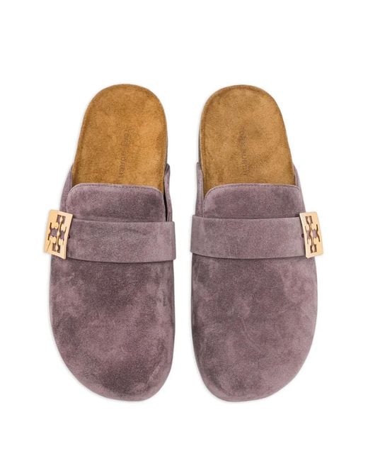 Tory Burch Brown Mellow Metal-Logo Suede Mules