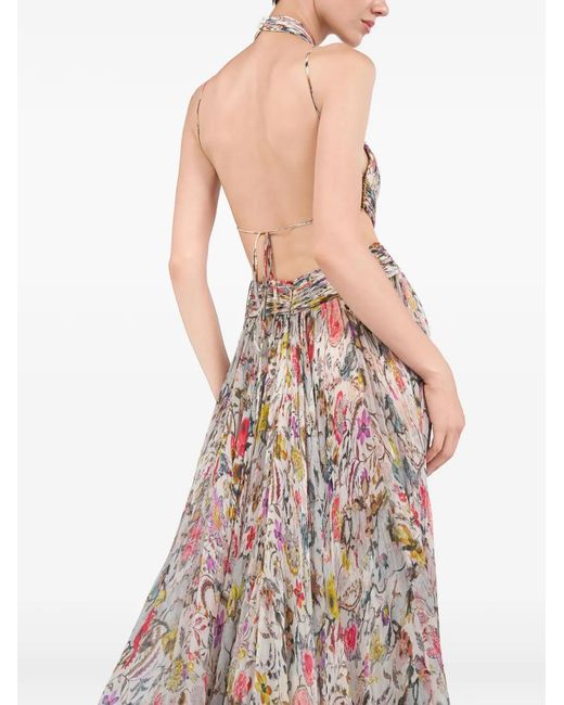 Roberto Cavalli Natural Floral-Print Halterneck Maxi Dress