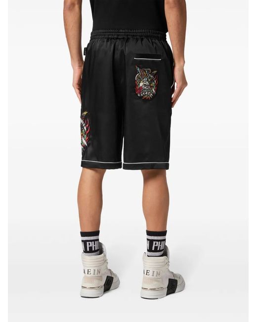 Philipp Plein Black Tattoo-Print Satin Shorts for men