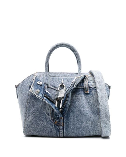 Givenchy Blue Mini Antigona Lock Denim Tote Bag
