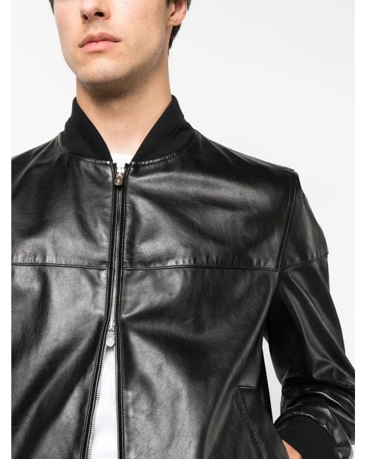 Brunello Cucinelli Black Leather Bomber Jacket for men
