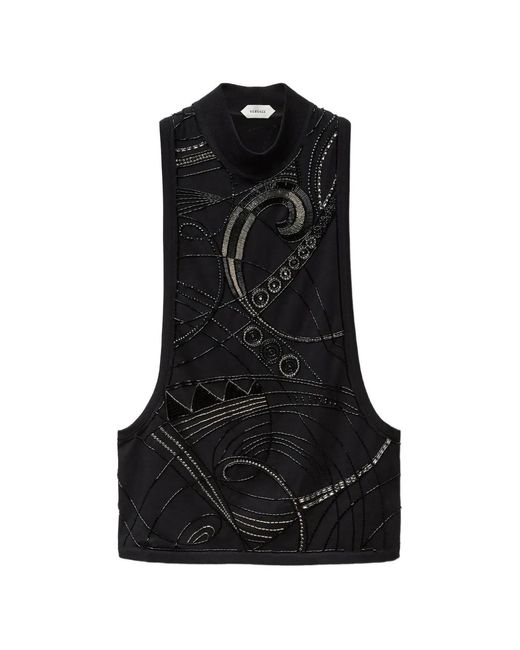 Versace Black Embroidered Stretch Cotton Jersey Tank Top