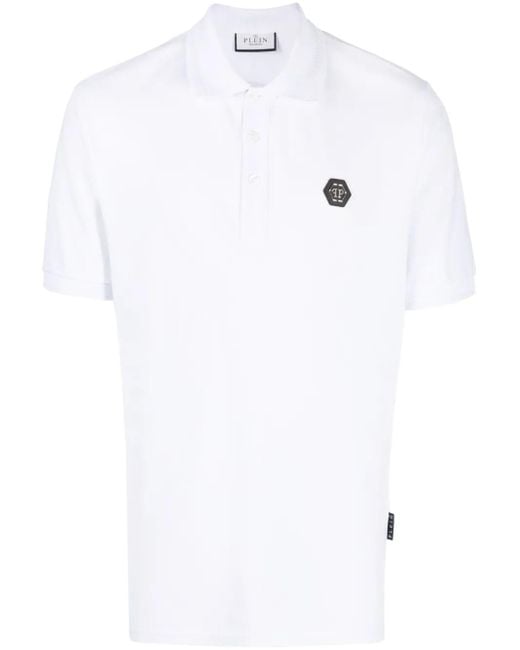 Philipp Plein White Logo-Patch Short-Sleeve Polo Shirt for men