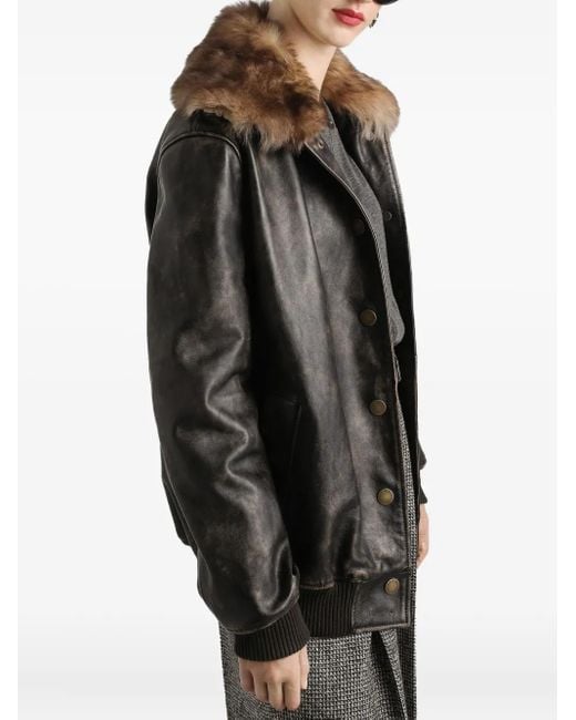 Dolce & Gabbana Black Shearling-Trimmed Leather Bomber Jacket