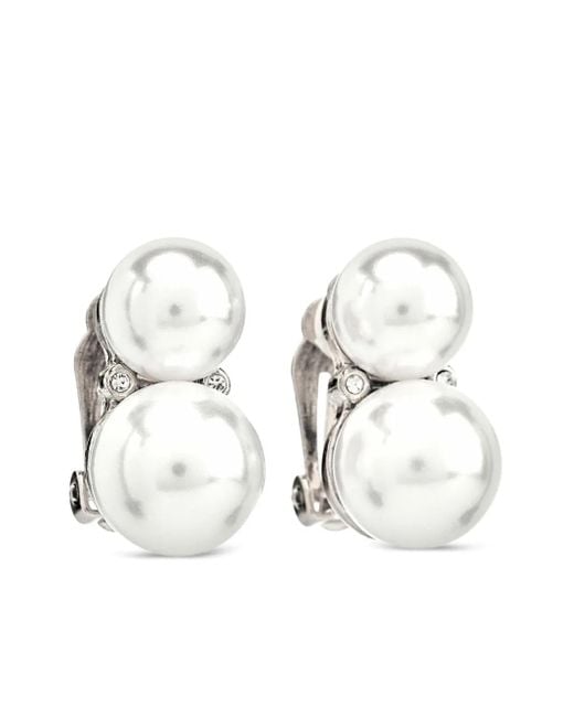 Kenneth Jay Lane White Double Cultura Pearl Clip-On Earrings