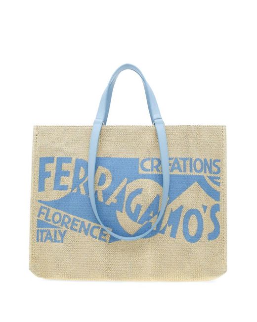 Ferragamo Blue Large Venna Logo-embroidered Tote Bag