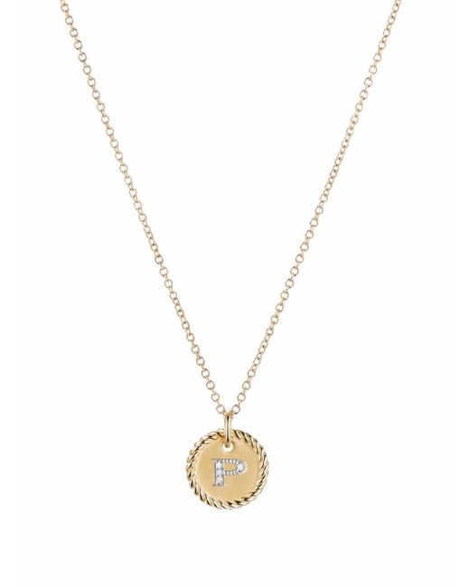 David Yurman Metallic 18kt Yellow Gold Initial P Diamond Charm Necklace