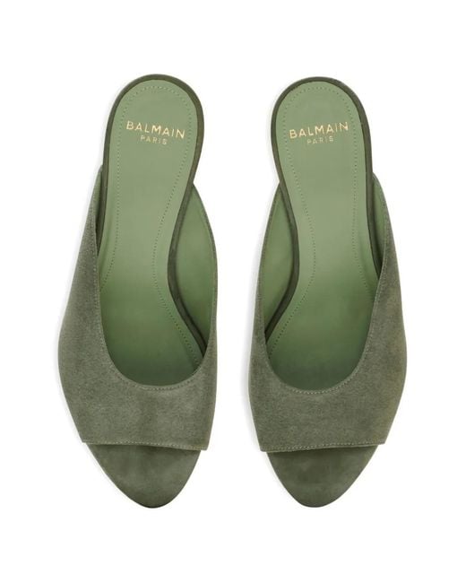 Balmain Green Suede Open-Toe Mules