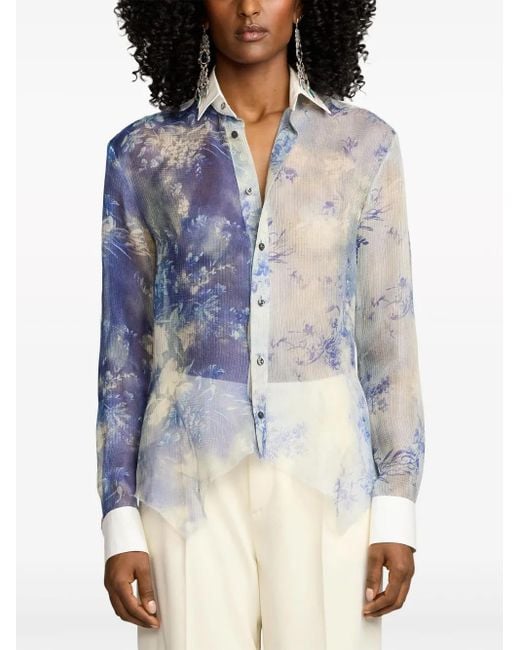 Ralph Lauren Blue Nancie Floral-Print Silk Shirt
