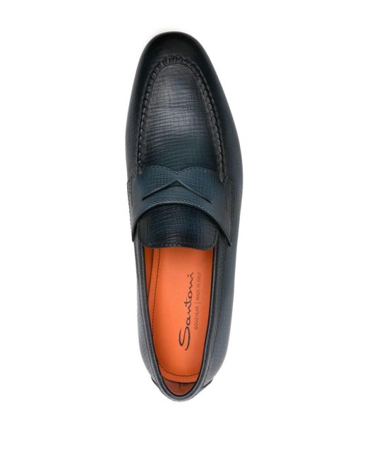 Santoni Blue Textured Leather Penny Loafers for men